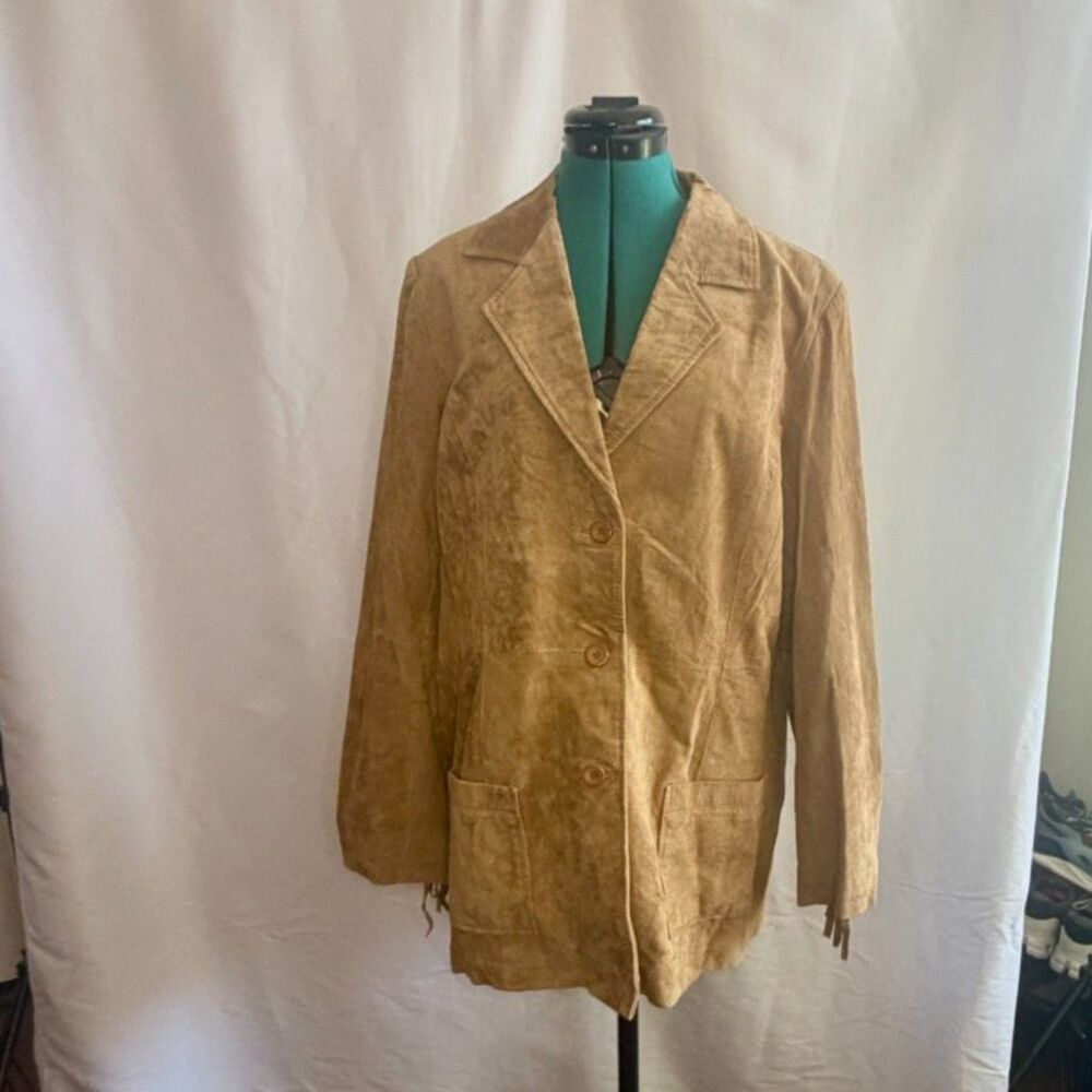 Vintage Denim & Co tan leather fringe blazer jacket. Size large